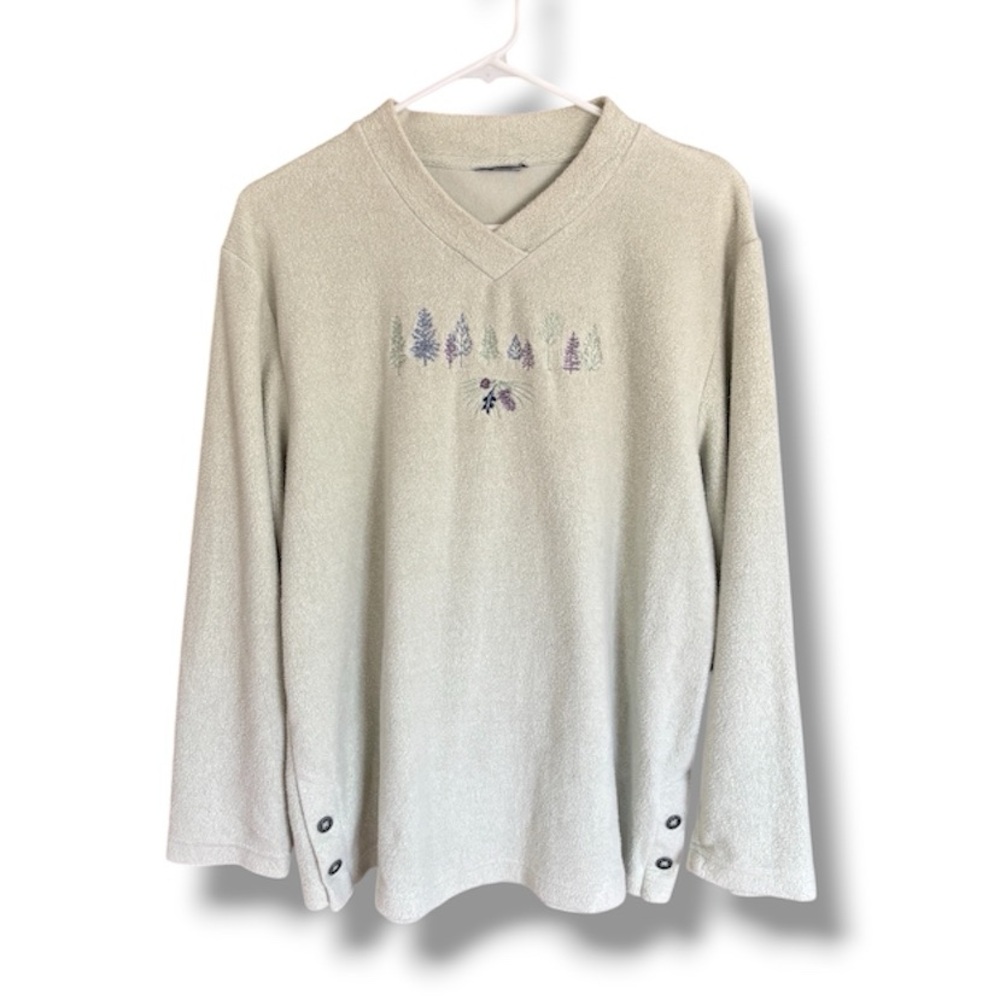 Vintage Light Green Embroidered Pine Tree Fleece Sweater